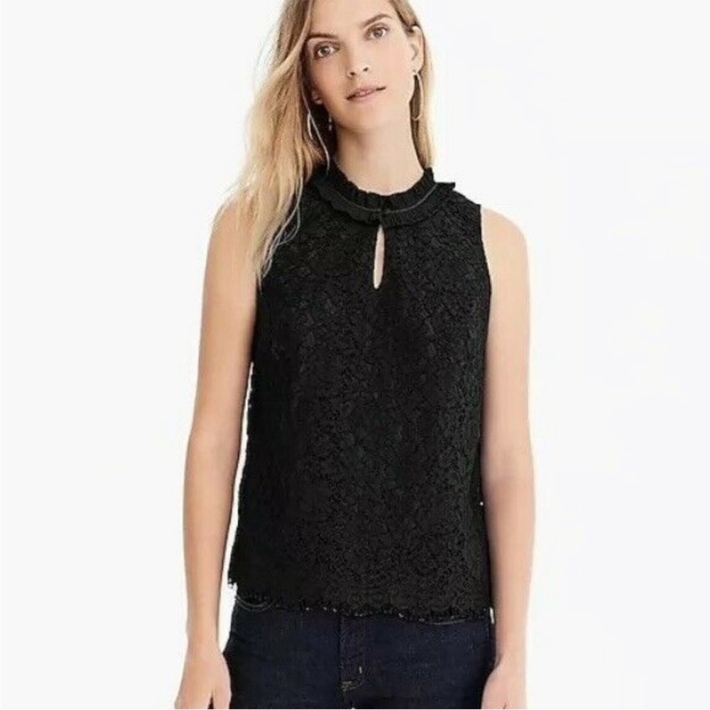 J.Crew Black Lace Ruffle Neck Top Small Like new!